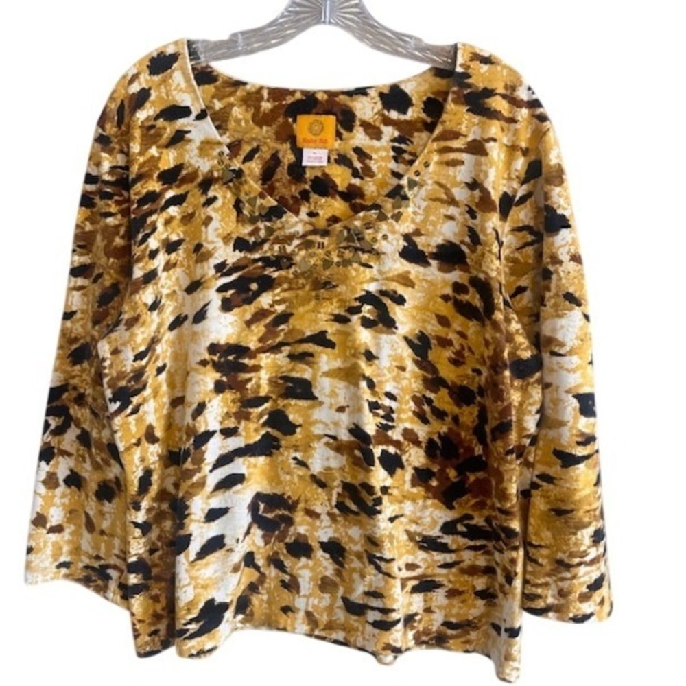 Ruby Rd.‎ Women's Brown & Gold Animal Print V-neck 3/4 Sleeve Blouse XL